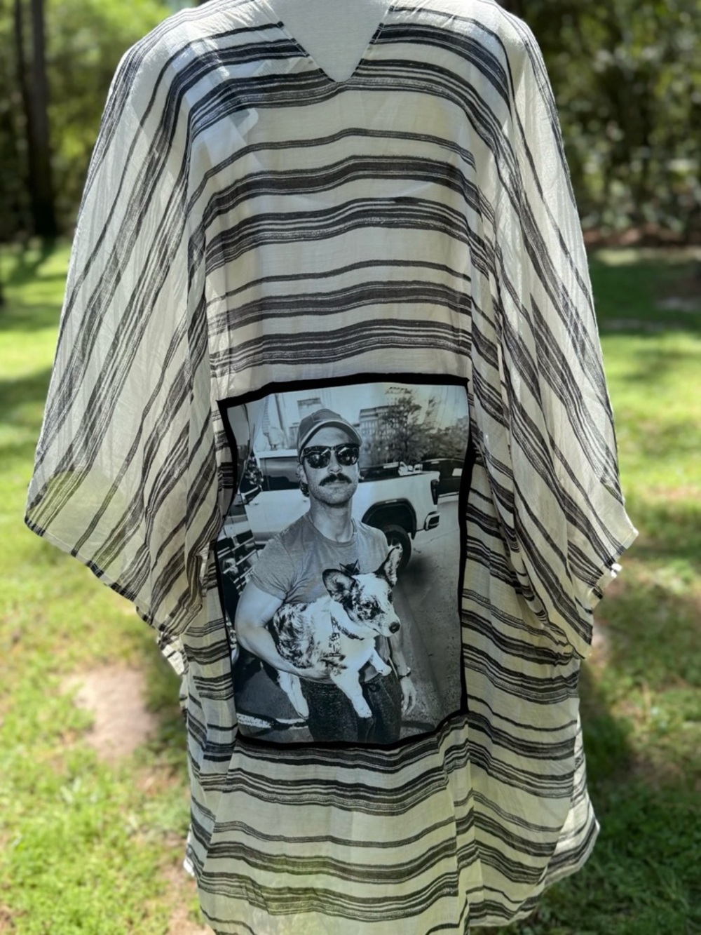 Upcycled Black & White Striped Graphic Kaftan with Riley Green sewn on the back